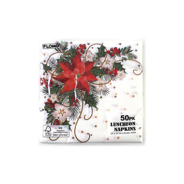 50Pk Poinsettia Holiday Luncheon Napkins, 13"X13"