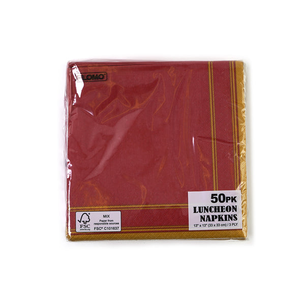 50Pk Red Gold Border Luncheon Napkins, 13"X13"