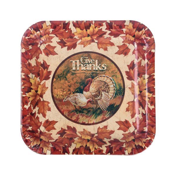 8Ct 9" Harvest Turkey Design Square Plates In Pdq Display