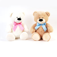 14"/36Cm Huggable Sitting Bear With Bow 2C White With Pink Dots Bow & Beige With Blue Dots Bow