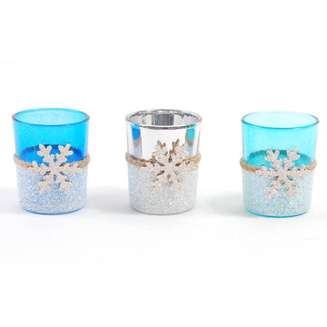 2.75" X 2.25" Glass Votive With Snowflake Trim And Decorative Trim, 3 Colors