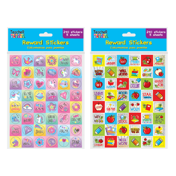 240Ct Educational Reward Hot Stamping Stickers 8" X6.25", 2 Assortments