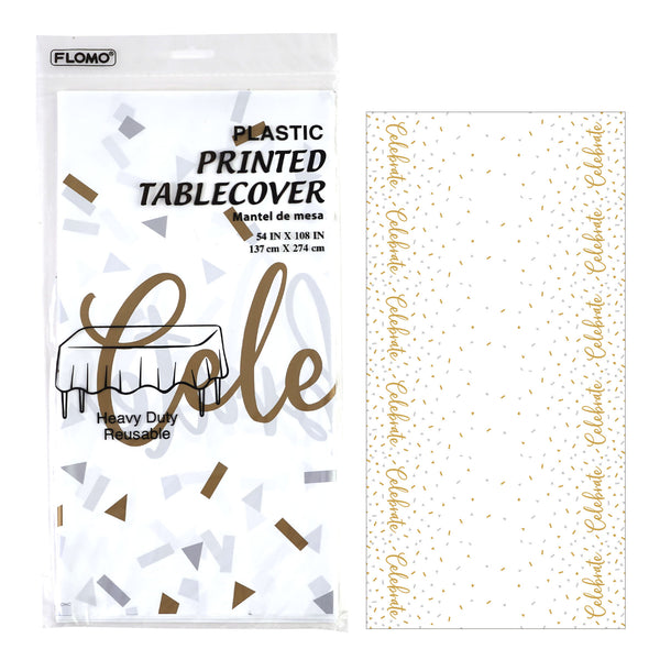 54"X 108" Printed Celebrate Silver/White/Gold Rectangular Table Cover, 1 Design