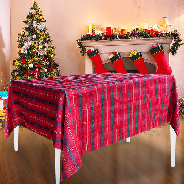 Christmas Red & Green Plaid With Metallic Gold Fabric Tablecloth 60" X 84"