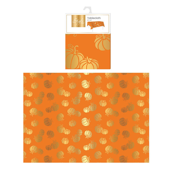 Harvest Orange With Gold Hot Stamping Pumpkins Fabric Tablecloth 60" X 84"