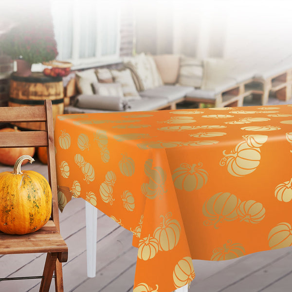 Harvest Orange With Gold Hot Stamping Pumpkins Fabric Tablecloth 60" X 84"