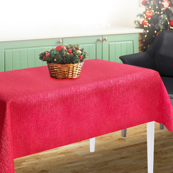 Red With Silver Metallic Fabric Tablecloth 60" X 84"