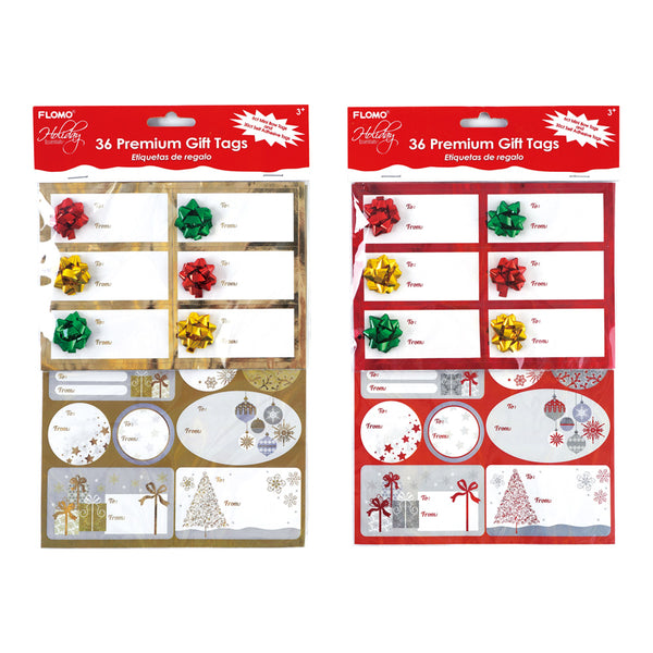 36Ct Christmas Mini Bow With Hot Stamping And Self Adhesive Gift Tags, 2 Assortments