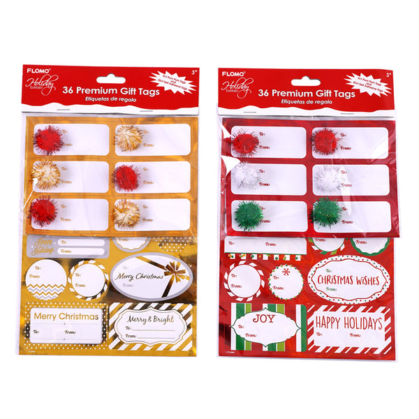36Ct Christmas Pom Pom Tags With Self Adhesive Gift Tags With Hot Stamping, 2 Assortments