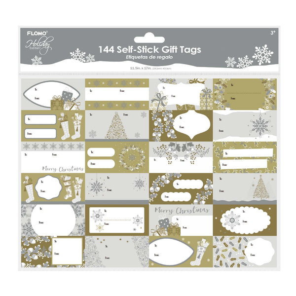 144Pcs Self Stick Christmas Gift Tags, 2 Assortments - Gold, Silver, Red