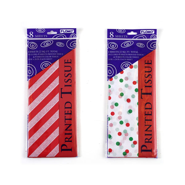 8 Sht Short Pack Christmas Stripe/Dot Solid-Print Tissue, 20"X20"