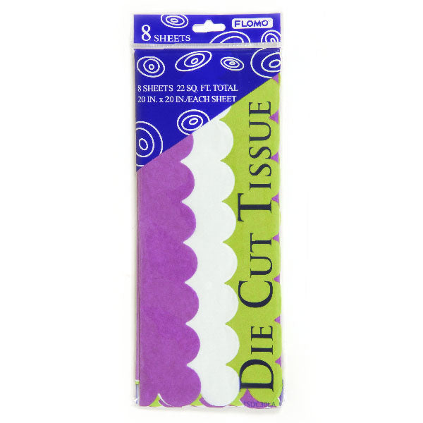 8 Sheets Scalloped Die Cut Tissue Short Pack, Solid Color: White, Purple, Lime Green