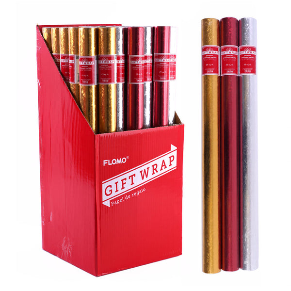 25 Sqft Christmas Uni Color Embossed Metallic Gift Wrap, 30"X120", 2" Core, 3 Colors