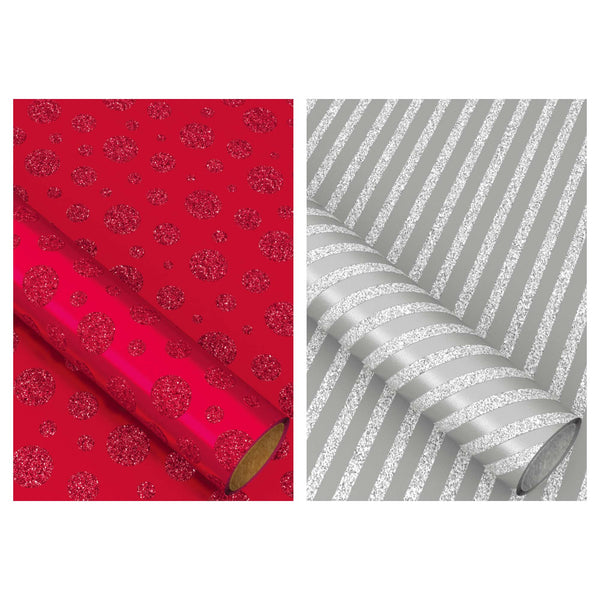 25 Sqft Christmas Glitter Print Gift Wrap, 30"X120", 2" Core, 6 Designs