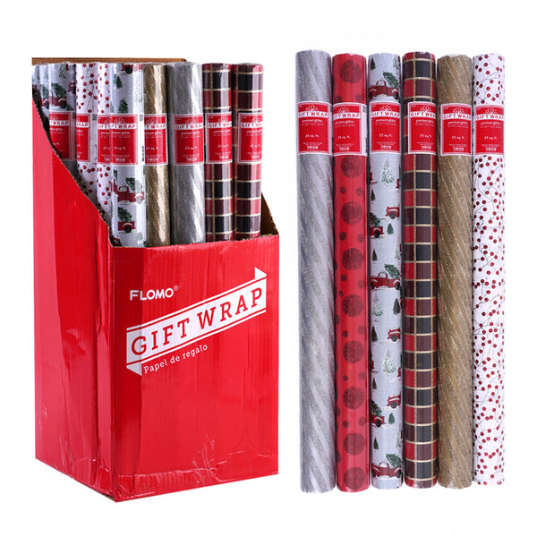 25 Sqft Christmas Glitter Print Gift Wrap, 30"X120", 2" Core, 6 Designs