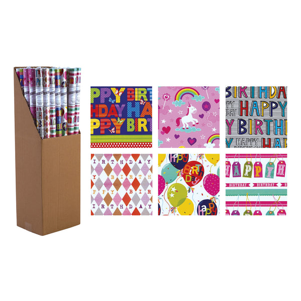 12.3 Sqft Birthday Gift Wrap, 30"X59", 1.25" Dia, 6 Designs