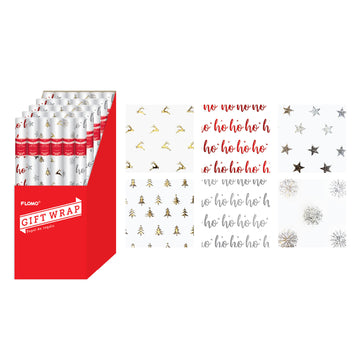 20.5 Sqft Christms New Prem Hotstamp Emboss White Krft Gift Wrap,30"X98.4",2"Core,6 Designs