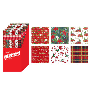 25 Sqft Christmas Classic Printed With Glitter Gift Wrap, 2" Core, 30"X120", 6 Designs