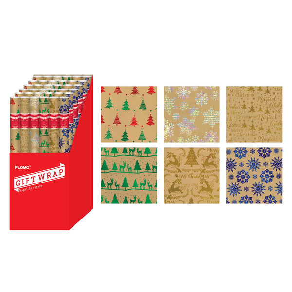 25 Sqft Christmas Happy Holiday Kraft Hot Stamp Gift Wrap, 2" Core, 30"X120", 6 Designs