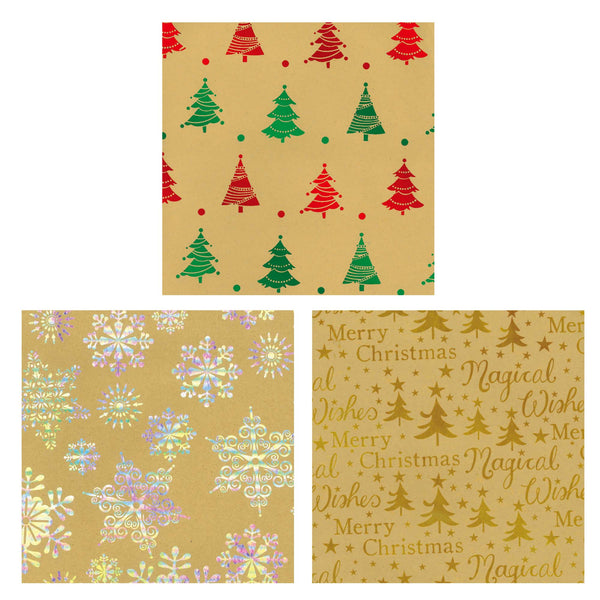 25 Sqft Christmas Happy Holiday Kraft Hot Stamp Gift Wrap, 2" Core, 30"X120", 6 Designs