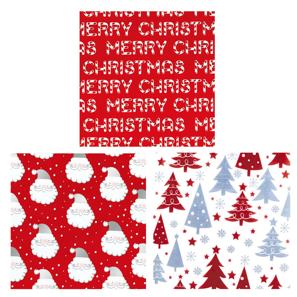 3Pk Christmas Tiding Printed Metallic/Print Roll Wraps,30"X120",2"Dia,75 Sqft/Total,2Assts
