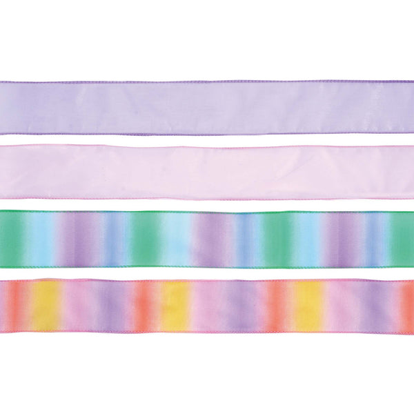 2" X 3Yds Ombre-Rainbow Satin/Solid Organza Wire Edge Ribbon, 2 Prints/2 Solids 4 Colors