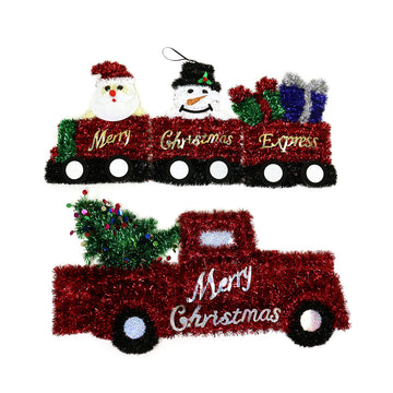 25" Christmas Tinsel Red Truck And Character Train, 2 Assortments