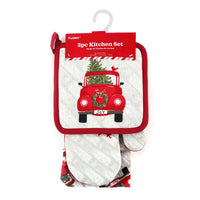 3Pc Christmas Red Truck Oven Mitt, Pot Holder & Towel Set