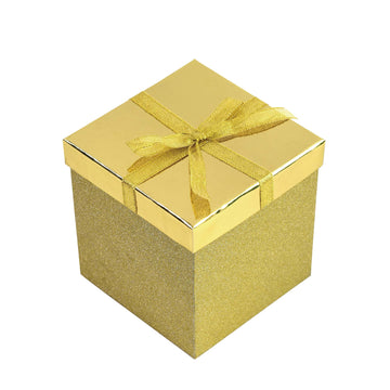 Christmas-Glitter Box With Metallic Top & Bow, 4.125" X 4.125" X 4.25", 3 Colors