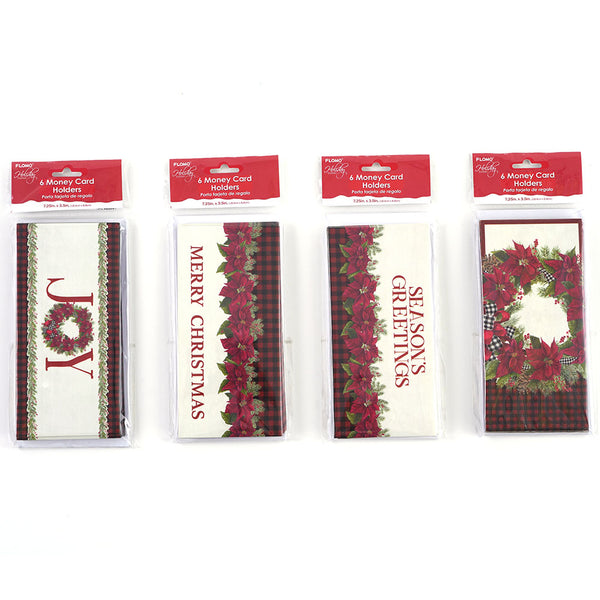 6Ct Christmas Traditional Money Card Holders, 4 Designs