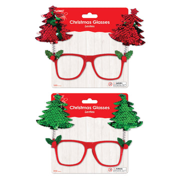 Christmas Reversible Sequin Christmas Tree Glasses 5.75" X 8", 2 Assortments