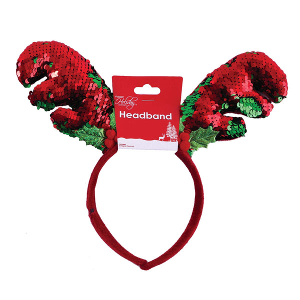 10.5" Christmas Reversible Sequin Reindeer Antler Headband, 2 Designs