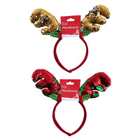 10.5" Christmas Reversible Sequin Reindeer Antler Headband, 2 Designs