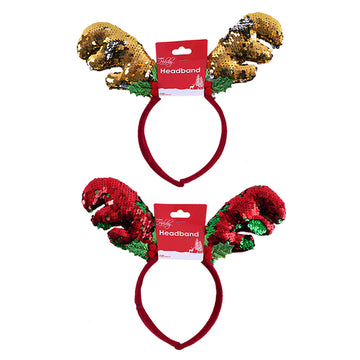 10.5" Christmas Reversible Sequin Reindeer Antler Headband, 2 Designs