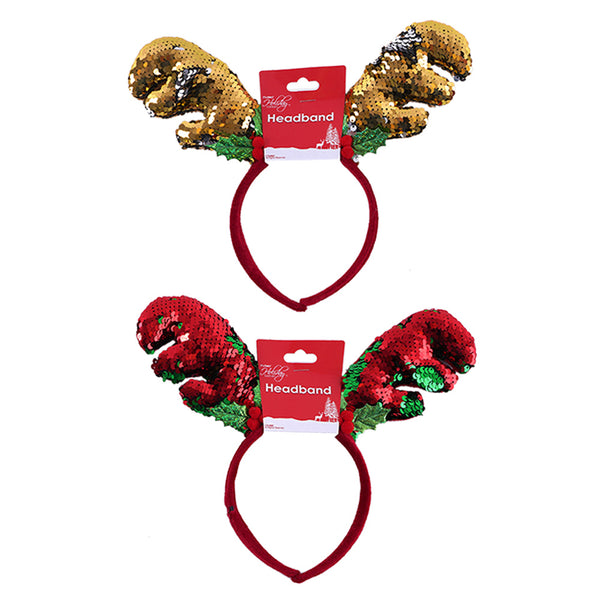 10.5" Christmas Reversible Sequin Reindeer Antler Headband, 2 Designs