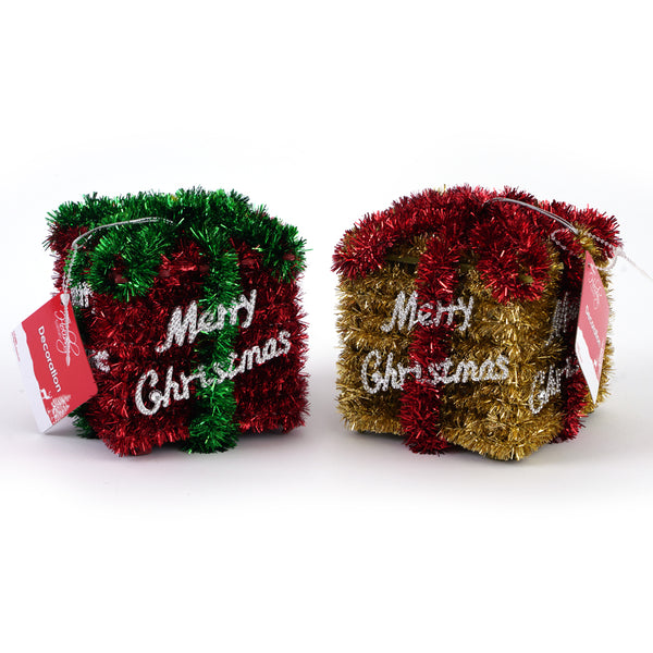 4" Christmas Present With Merry Christmas Icon Tinsel Decoration, 2 Designs