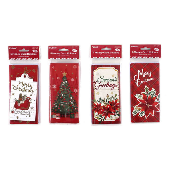 5Ct Christmas Traditional Money Card Holders With Hot Stamping 7.25" X 3.5", 4 Designs