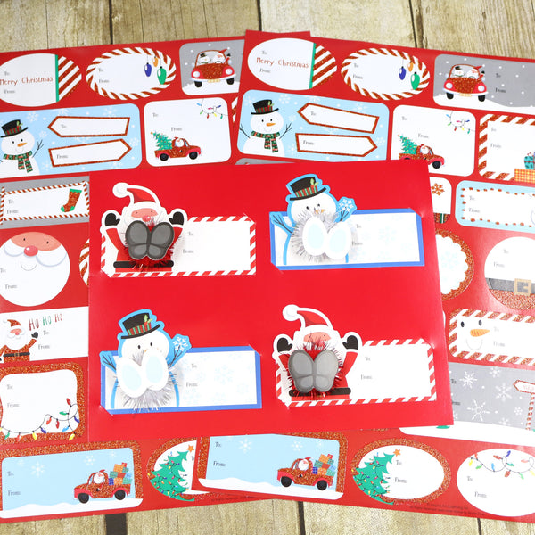 48Ct Christmas Pom Pom Characters And Self Adhesive Gift Tags With Glitter, 2 Assortments